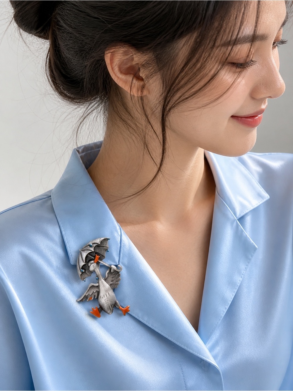 Cute Silver Duck Umbrella Brooch